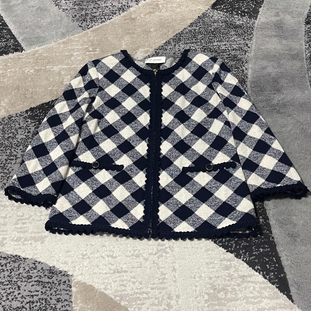 St. John Collection Jacket Women 8 Navy White Checkered Knit Zip Front Old Money